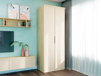 Шкаф Распашной 90х60х236 с полками и штангой (Дуб сонома, Крем матовый МДФ)